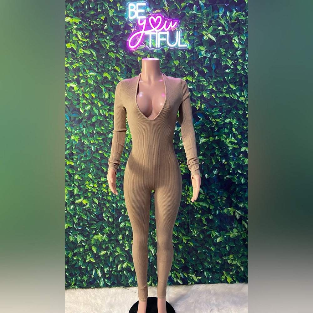 Tan Ribbed Long Sleeve Jumpsuit